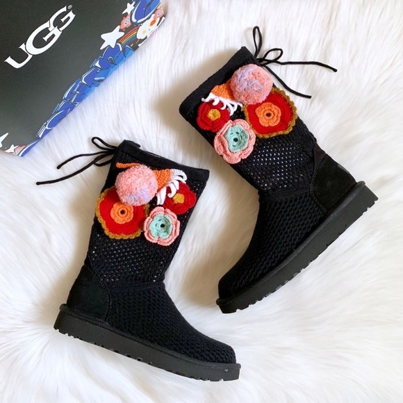 UGG Shoes - UGG Floral Crochet Pom Pom Knit Boot